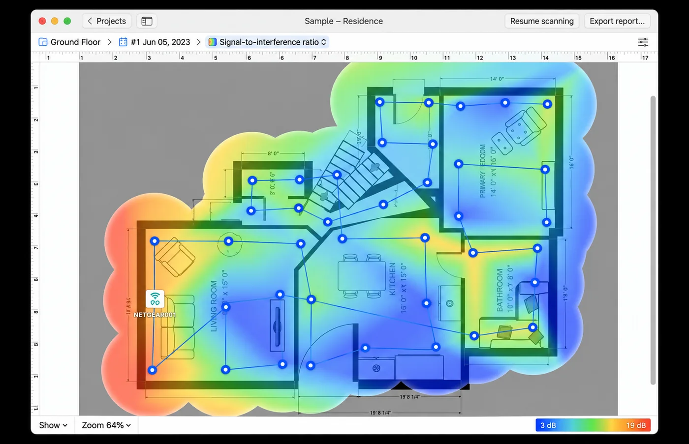 Voorbeeld van een WiFi-heatmap op dezelfde plattegrond na installatie, gemeten op dezelfde punten