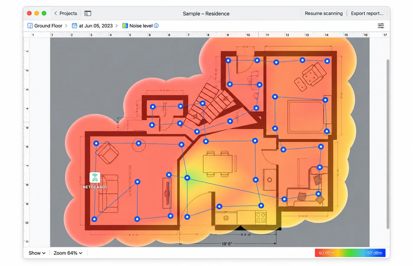 Voorbeeld van een WiFi-heatmap op een plattegrond vóór installatie, met veel rode zones